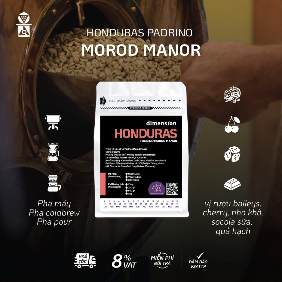 Cà phê Honduras Padrino Morod Manor Dimension Coffee hương rượu Baileys lên men trong thùng gỗ sồi