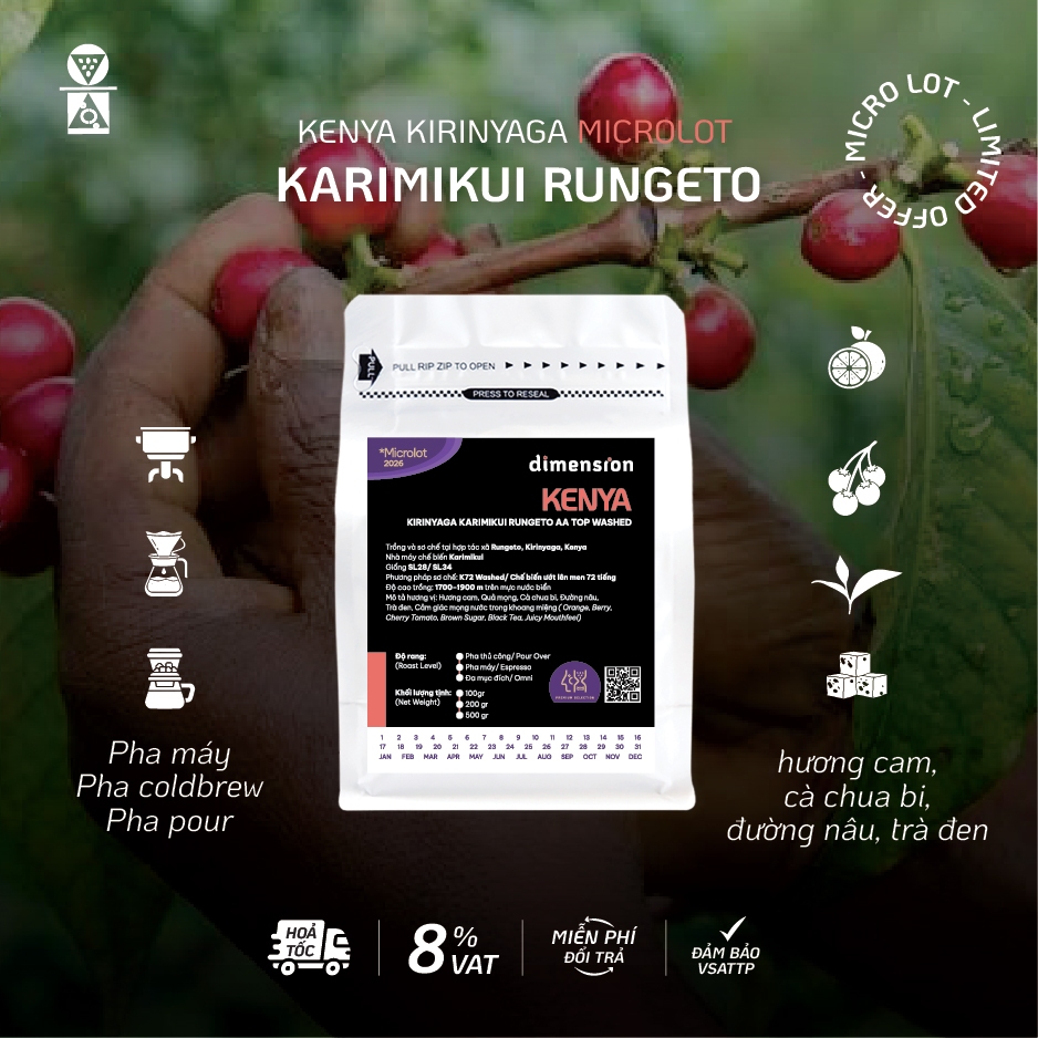 Cà phê rang xay nguyên chất, cà phê Kenya Kirinyaga Rungeto AA Top Dimension Coffee hương vị mọng nư