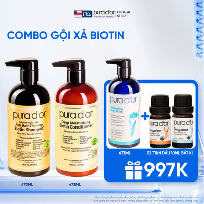 Combo Gội Xả Biotin Hỗ Trợ Giảm Rụng & kiềm dầu, phục hồi tóc khô xơ Pura D'or Original Gold Label 473ML