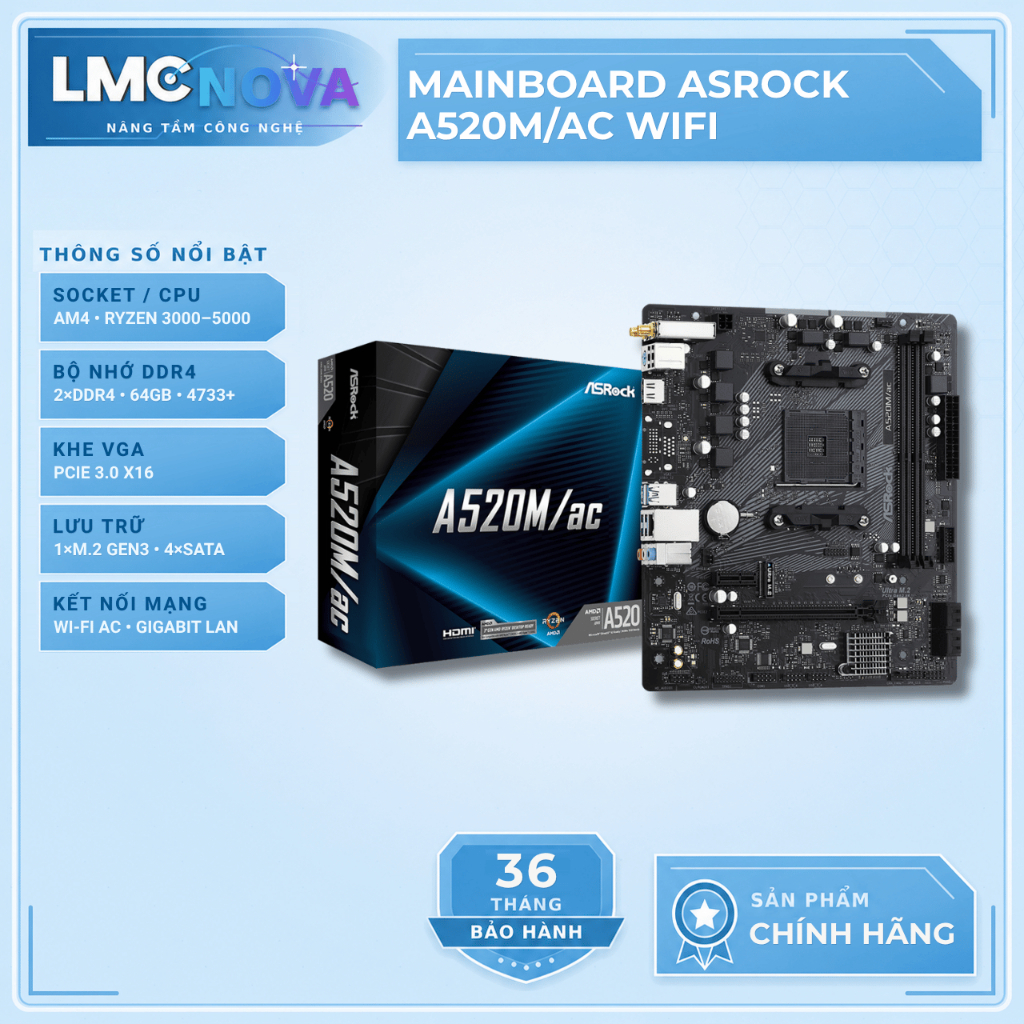 Mainboard Asrock A520M/ac ( WIFI - Bluetooth - AM4 )