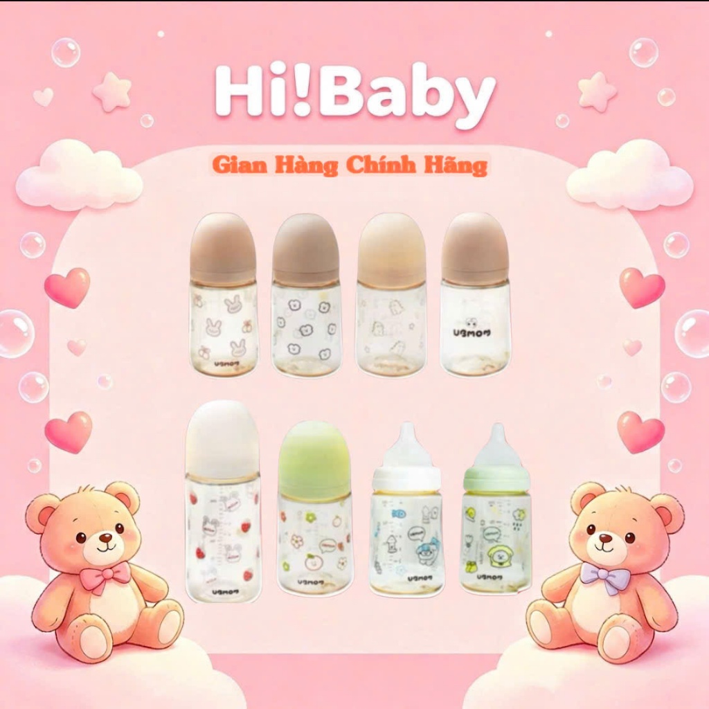 Bình Sữa Ubmom Hàn Quốc Họa Tiết PPSU (120ml/200ml/280ml) - Chọn Núm Phù Hợp