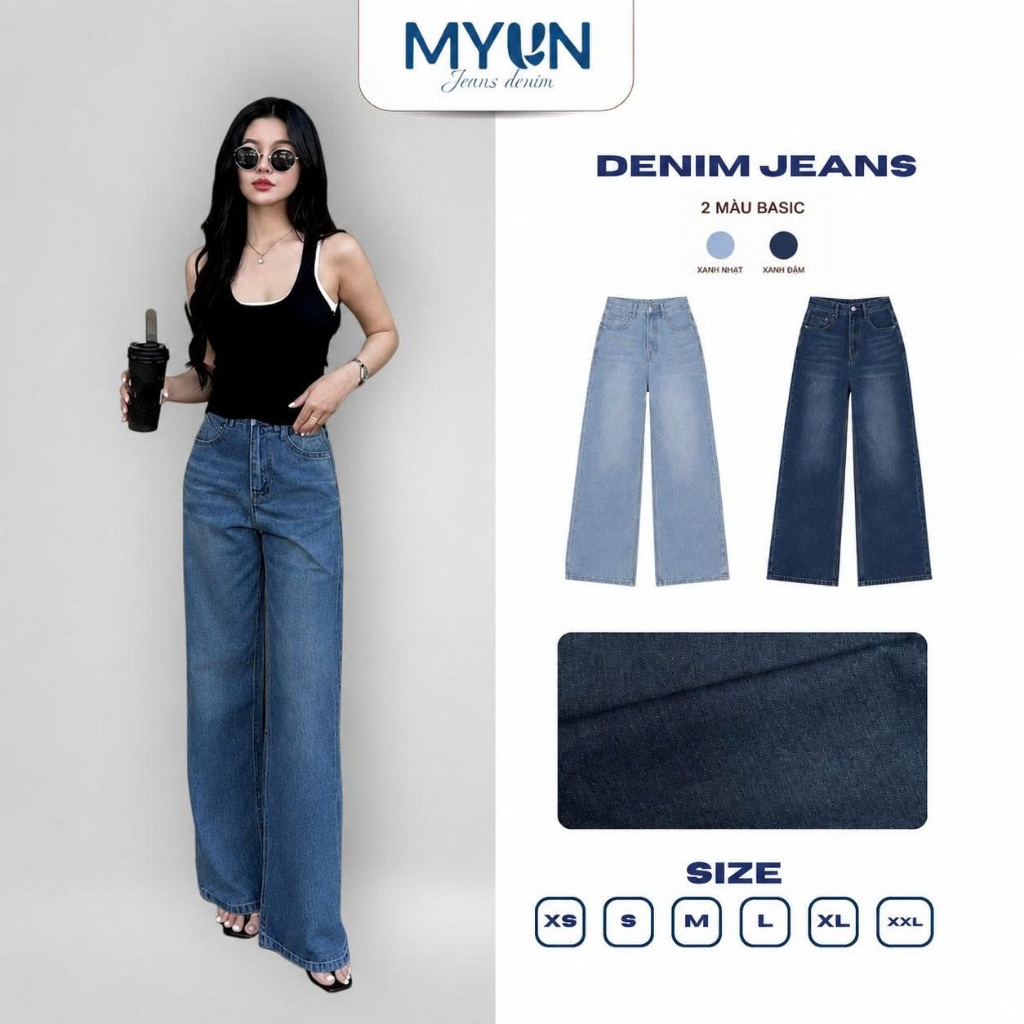HOT DEAL - Quần Jean Nữ MYUN Lưng Cao Ống suông Rộng 24CM Phối Túi Xanh Đậm…