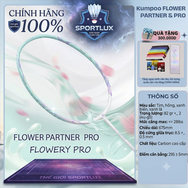 [Chính hãng-Bảo Hành] Vợt Kumpoo FLOWER PARTNER PRO Căng Sẵn11kg,Tặng Kèm Cước, Quấn Cán