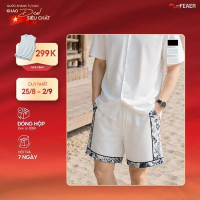 Quần short HUSH Porcelain Frame phối họa tiết gốm sứ xanh trắng, vải Poplin Polyester mềm mát ít nhăn - FEAER