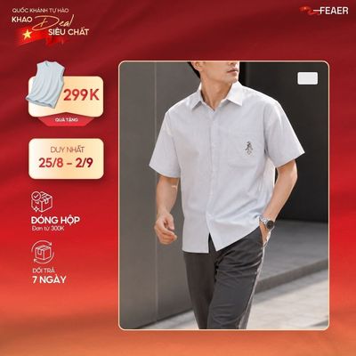 Áo sơ mi sọc nam Hearts tay ngắn, vải Oxford cao cấp, thấm hút tốt, logo thêu quân bài đặc biệt - FEAER
