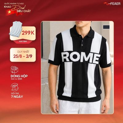 Áo polo dệt kim ROME tay ngắn, hoạ tiết chữ độc đáo, vải knit cao cấp, phối sọc năng động, hiện đại - FEAER