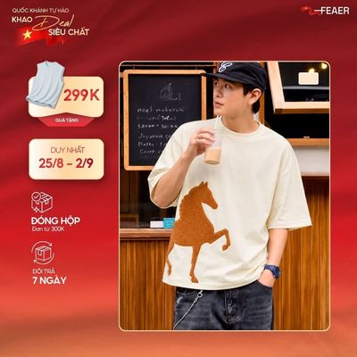 [DEAL ĐẠI LỄ] Áo thun PONEY thêu xù hình ngựa 3D ý nghĩa thăng tiến, may mắn, vải cotton tự nhiên mềm mát - FEAER