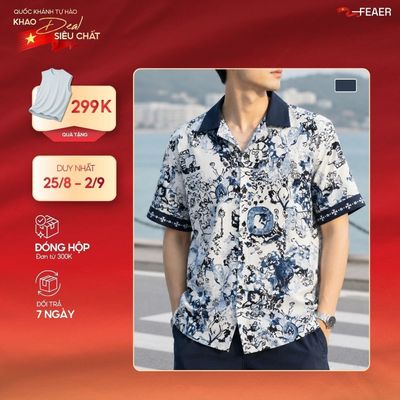 Sơ mi LORIEN họa tiết Porcelain Ink xanh navy nghệ thuật, chất vải Lụa Chéo mềm rũ cao cấp, phối cổ sang trọng - FEAER