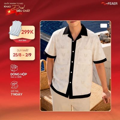 Áo sơ mi REPEAT nam phối viền đen nổi bật, họa tiết monogram hiện đại, chất vải Poplin Polyester giữ form tốt - FEAER