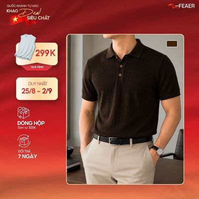 Áo polo MESH dệt kim màu nâu chocolate, bề mặt knit thoáng khí, form regular fit thanh lịch phong cách old money - FEAER