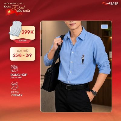 ÁO sơ mi SWAG tay dài form chuẩn, điểm nhấn patch trắng sau lưng, thêu nhân vật tinh tế, vải Oxford chuẩn hè - FEAER