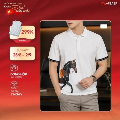 Áo Polo AKHAL nam họa tiết in hình ngựa sắc nét, độc đáo, form regular fit vừa vặn, tay viền đen - FEAER