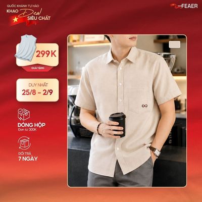 Áo sơ mi nam ngắn tay Loop vải linen mềm nhẹ, thoáng mát, cổ đứng, chất vải xốp, thêu logo tinh - FEAER