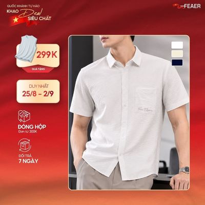 Áo sơ mi Crepe nam tay ngắn, vải Kate thoáng mát, xốp nhẹ, form regular fit vừa vặn - FEAER