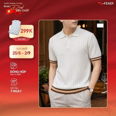 Áo polo dệt kim KNITZ tay ngắn phối sọc thời thượng, phong cách Hàn Quốc, sang trọng, thanh lịch - FEAER