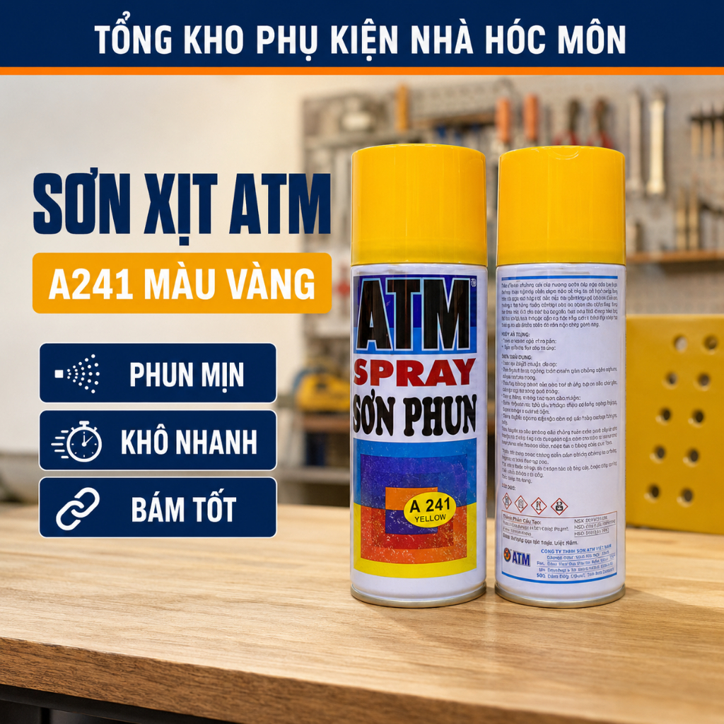 Sơn Xịt ATM A241 Màu Vàng – Phun Mịn, Khô Nhanh, Bám Tốt