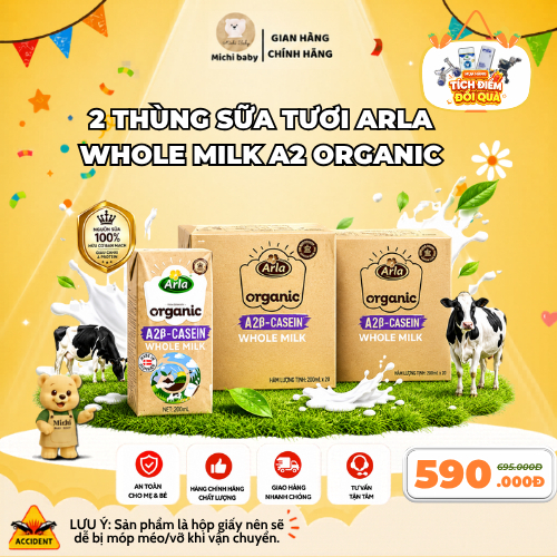 Date 02/2027 - Combo 2 Thùng- 40 Hộp Sữa Tươi UHT Hữu Cơ Đạm A2 Arla Đan Mạch 200ml - Michi Baby MC8