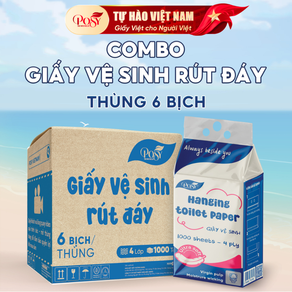 [SẢN PHẨM MỚI] S5_Thùng 6 bịch giấy vệ sinh rút đáy Posy 1000 tờ 4 lớp mềm dai, thấm hút và an toàn 