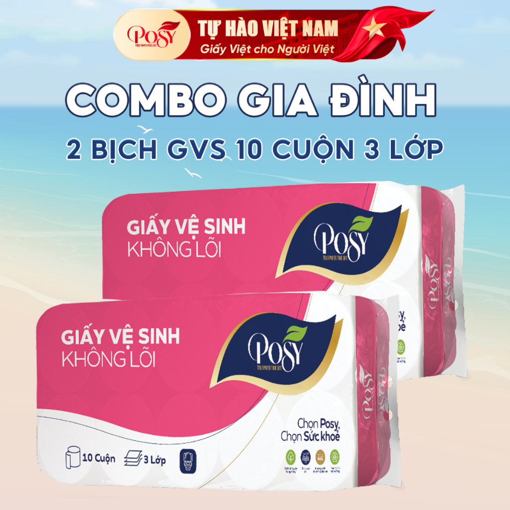 [COMBO GIA ĐÌNH]  - 2 bịch Giấy vệ sinh Posy 10 cuộn 3 lớp không lõi/có lõi mềm, DỄ TAN TRONG NƯỚC