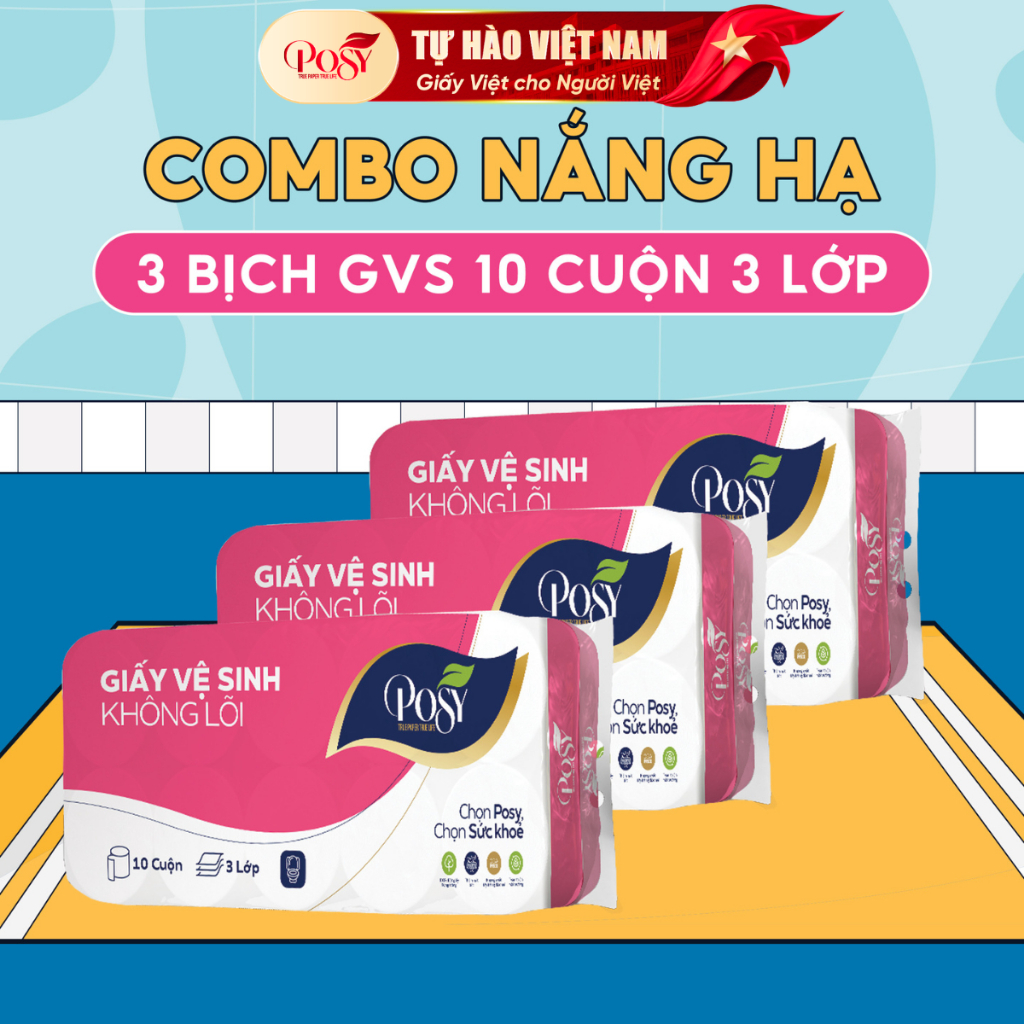 COMBO NẮNG HẠ -  Combo 03 Bịch Giấy vệ sinh Posy 10 cuộn 3 lớp, giấy vệ sinh mềm mịn, tiết kiệm