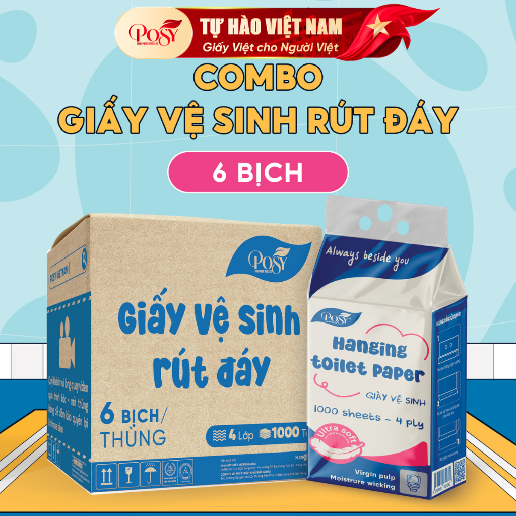 [SẢN PHẨM MỚI] Thùng 6 bịch giấy vệ sinh rút đáy Posy 1000 tờ 4 lớp mềm dai , thấm hút và an toàn ch