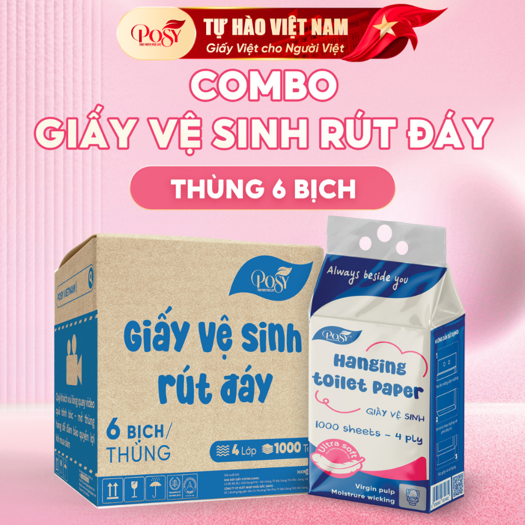 [GIÁ DÙNG THỬ] Thùng 6 bịch giấy vệ sinh rút đáy POSY 1000 tờ 4 lớp dập vân 4D mềm mại, êm ái, dễ ta