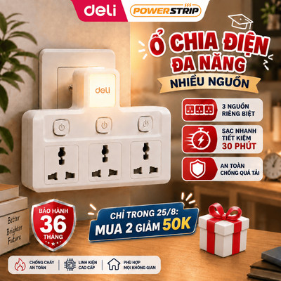 [TOP SALE] Ổ Cắm Chia Điện Deli, Ổ Cắm Chữ T 2500W Tích Hợp Cổng USB &TypeC Cải Tiến Sạc Nhanh Tiện Lợi