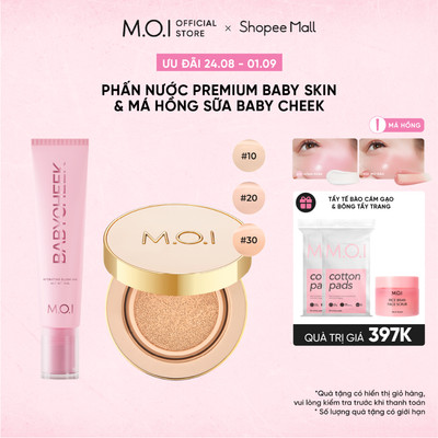Bộ đôi MOI phấn nước che phủ tốt Premium Baby Cushion và Má hồng sữa ửng hồng tự nhiên Baby Cheek