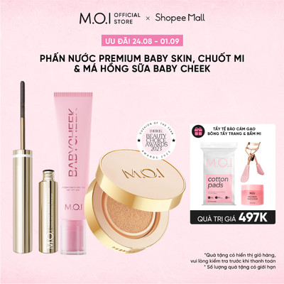 Combo bền màu lâu trôi Phấn nước M.O.I Premium Baby Skin Cushion, Má hồng sữa Baby Cheek và Mascara