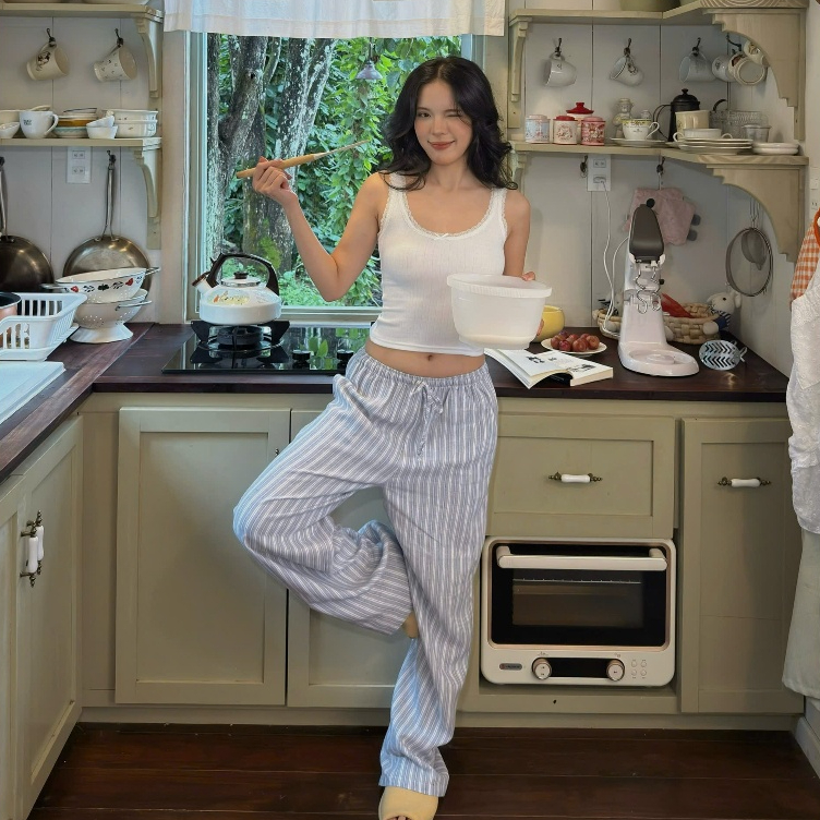 Quần Linen Dây Rút Ống Rộng Pepper Clothing Quần Dài Dáng Suông Lưng Thun Co Giãn Kẻ Sọc Trendy Thoả