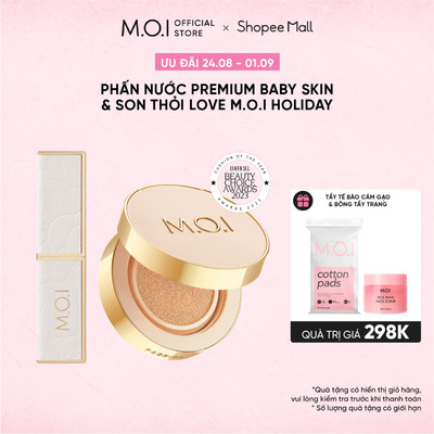 Bộ Đôi MOI Phấn nước Premium Baby Skin 12g & Son Thỏi LOVE MOI HOLIDAY 2.7g