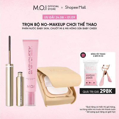 Combo no-makeup chơi thể thao Phấn nước M.O.I Baby Skin Cushion, Má hồng sữa Baby Cheek và Mascara