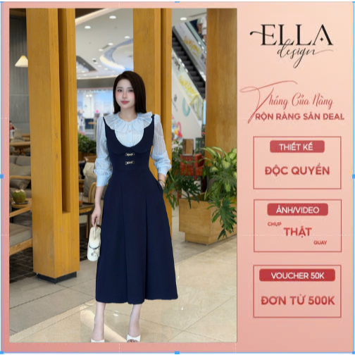 Váy Đầm Thiết Kế Ella Desgin dành cho nữ kiểu dáng váy midi xòe, dài tay, cổ phối bèo phù hợp mặc đi