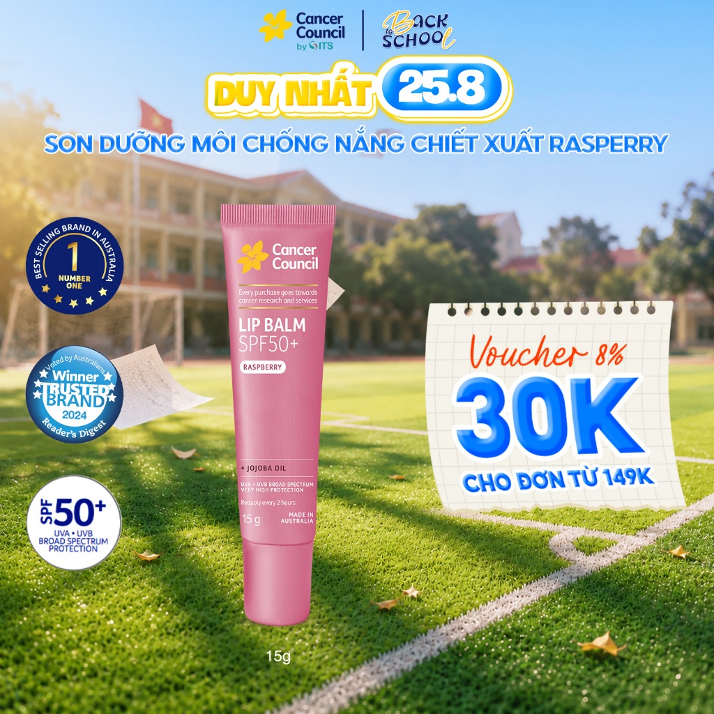 Son dưỡng môi chống nắng chiết xuất Raspberry Cancer Council SPF50+ 15g CA0009