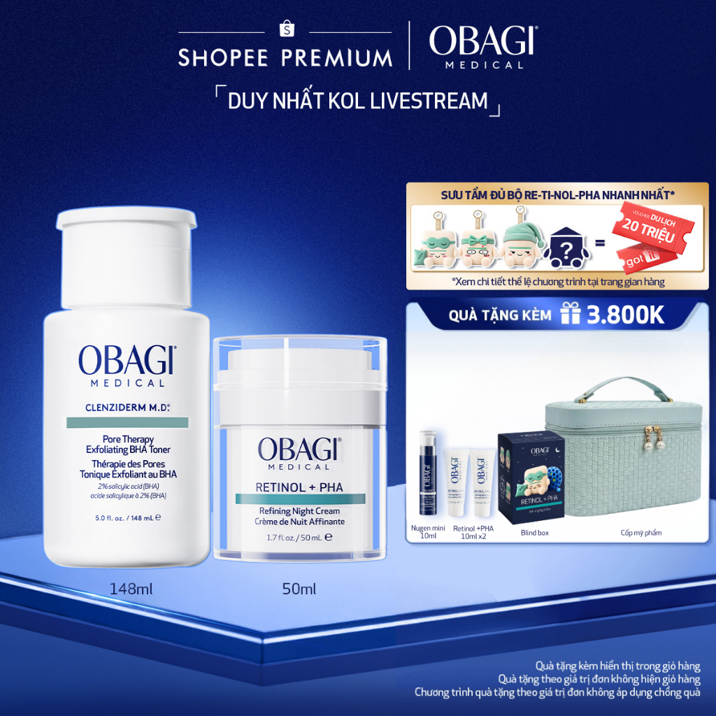 [Obagi-KOL] Bộ đôi Kem Dưỡng Đêm Obagi Retinol + PHA 50ml và Toner chứa 2% BHA Obagi Clenziderm M.D.