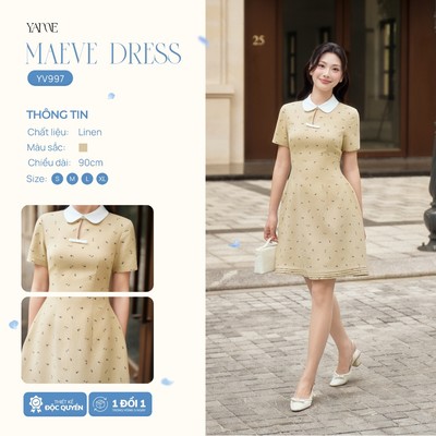 Váy Nữ Thiết Kế YAME Dài 90cm Cổ Sen Cách Điệu Họa Tiết Hoa Nhí, Form A  Phồng Hông Trẻ Trung Thanh Lịch- MAEVE YV997