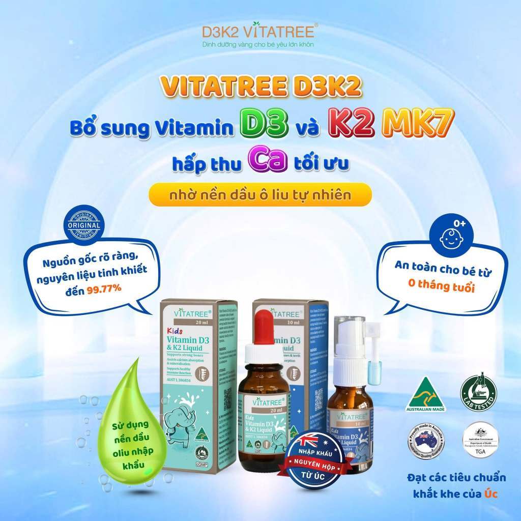 Vitamin D3 & K2 Vitatree Kids – Vitamin D3 + K2 MK7 Cho Trẻ Sơ Sinh & Trẻ Nhỏ, Hấp Thu Canxi ( Lidqu