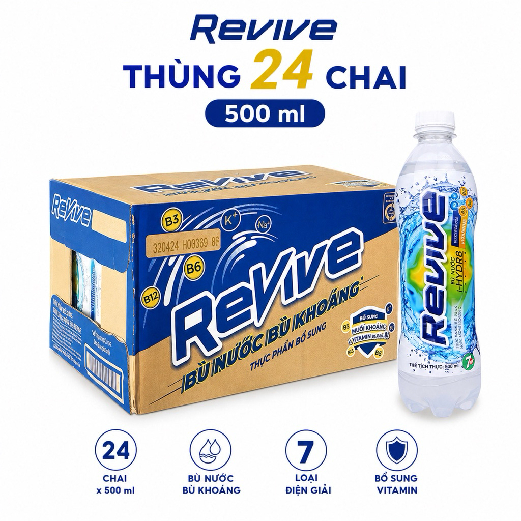 Thùng 24 chai nước bù khoáng Revive 500ml bổ sung muối khoáng vitamin B3 B6 B12 giải khát nhanh chón