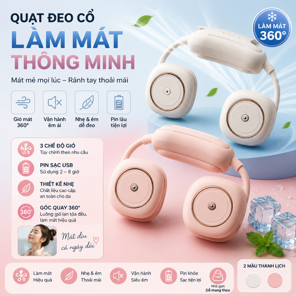 Quạt Quàng Cổ 2Lock Korea Cao Cấp, Thiết Kế Nhỏ Gọn, Hàng Chính Hãng, Nghiennha_99