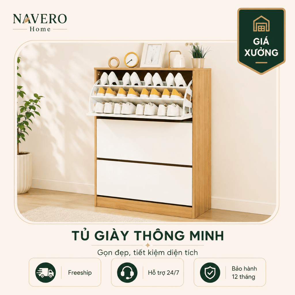 Tủ kệ giày dép 3  cánh lật phong cách trẻ trung, tủ giày hiện đại gỗ MDF chống ẩm thương hiệu HS620