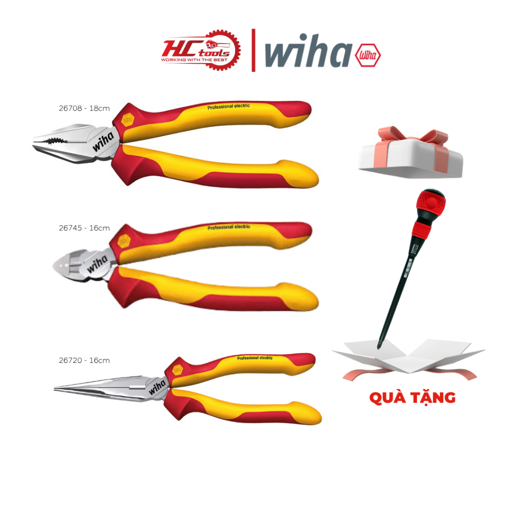 Combo 3 Kìm Wiha 26708, 26745, 26720 + Tô vít Vessel 225+2x150 cách điện 1000V - HCTOOLS VN