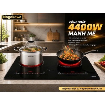Bếp Từ Đôi Nagakawa NDI9251 4400W Inverter - Booster Nấu Nhanh - Mặt Kính Kanger - 12 Mức Công Suất