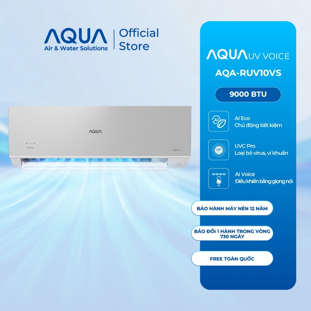 AQUA Máy Lạnh Inverter 1HP AQA-RUV10VS UV Voice – AI Voice, UVC Pro Diệt Virus, AI Eco, Freeship
