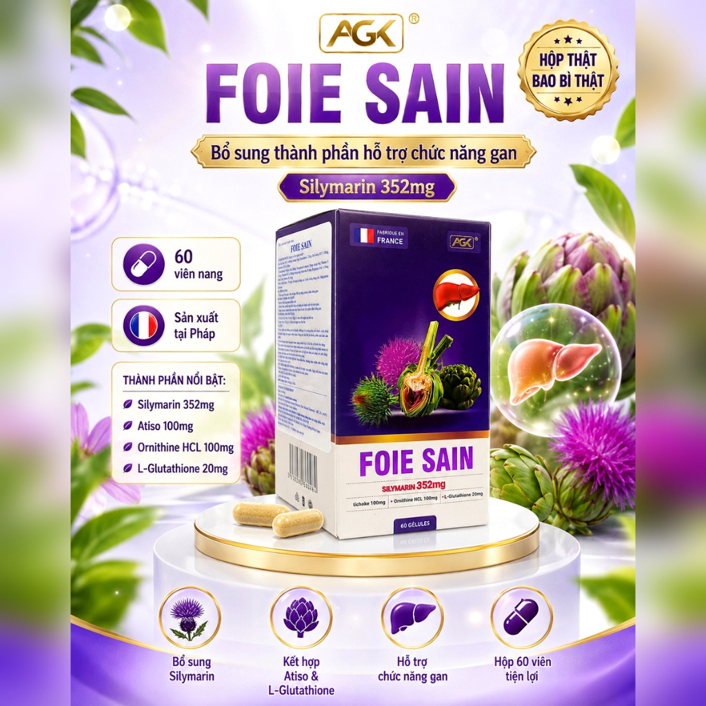 Thực Phẩm Bảo Vệ Sức Khỏe FOIE SAIN AGK – Silymarin 352mg, Atiso, Ornithine HCL & L-Glutathione – Hộ