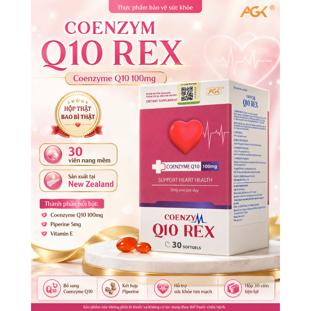 Thực Phẩm Bảo Vệ Sức Khỏe COENZYM Q10 REX AGK – Coenzyme Q10 100mg, Hộp 30 Viên Nang Mềm