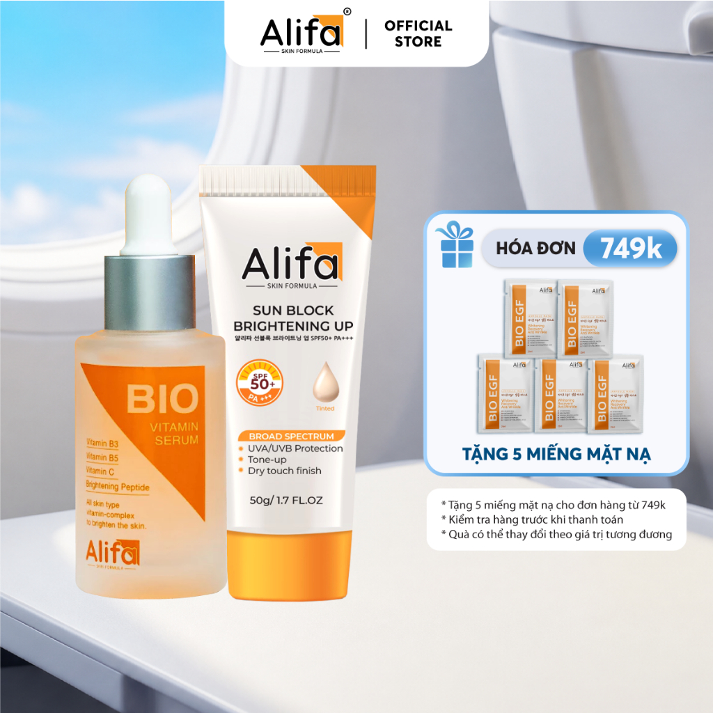 Combo 1: Kem chống nắng cho mặt Alifa Sun Block 50g và Serum dưỡng trắng da Alifa BIO 35ml