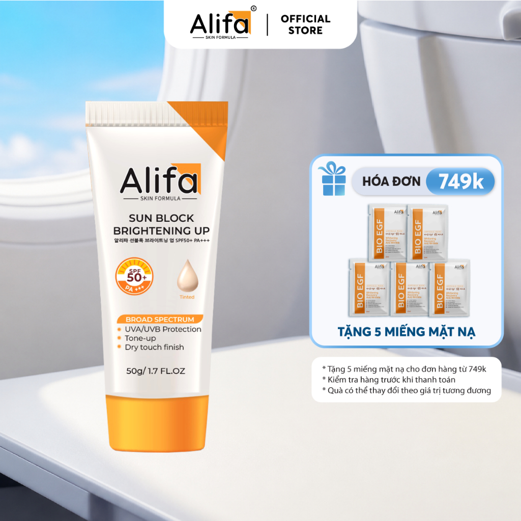 Kem chống nắng Alifa Sun Block Brightening Up 50g, SPF50+ PA+++, nâng tone, dưỡng da trắng mịn