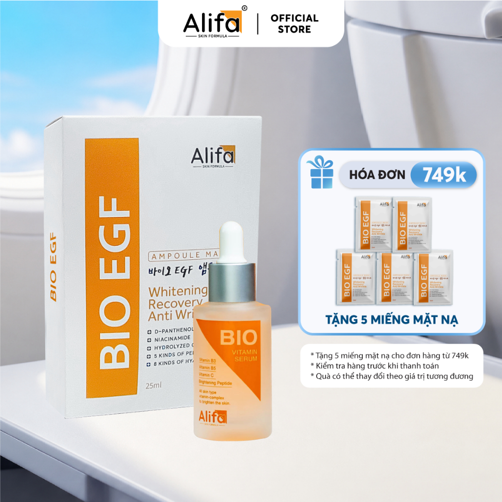 Combo 2: Serum dưỡng ẩm, trắng da BIO Alifa 35ml và Hộp 10 miếng Mặt nạ Alifa EGF dưỡng ẩm 25ml