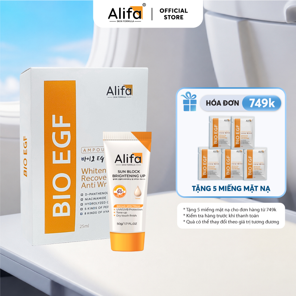Combo 3: Hộp 10 miếng Mặt nạ dưỡng ẩm 25ml Alifa BIO EGF và Kem chống nắng Alifa Sun Block 50g