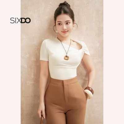 Áo dệt kim ngắn tay xoắn cổ SIXDO (White Knit Blouse)